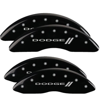 MGP Caliper Covers (FRONT AND REAR): Dodge Ram 2500 / Ram 3500 (2010) w/ Black Finish, Silver Characters, STRIPES Logo