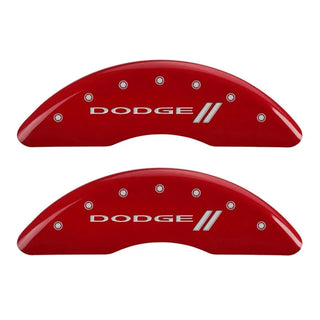 MGP Caliper Covers (FRONT AND REAR): Dodge Ram 2500 (2010) / Ram 3500 (2010) w/ Red Finish, Silver Characters, DODGE Logo