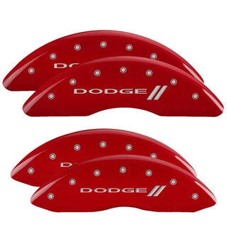 MGP Caliper Covers (FRONT AND REAR): Dodge Ram 2500 (2010) / Ram 3500 (2010) w/ Red Finish, Silver Characters, DODGE Logo