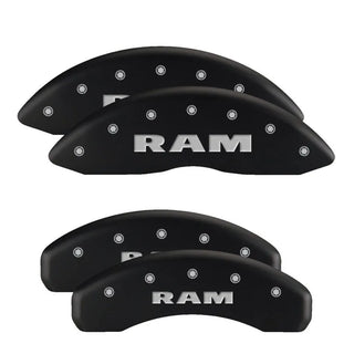 MGP Caliper Covers (FRONT AND REAR): Dodge Ram 2500 (2010) / Ram 3500 (2010) w/ Black Finish, Silver Characters, RAMHEAD Logo