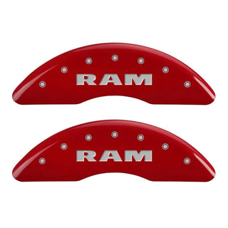 MGP Caliper Covers (FRONT AND REAR): Dodge Ram 2500 (2010) / Ram 3500 (2010) w/ Red Finish, Silver Characters, RAM Logo