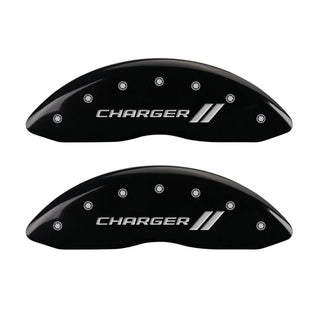MGP Dual Piston Caliper Covers Stripes Charger Logo Black (F&R): 11-23 Charger 3.6L & 5.7L HEMI