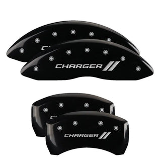 MGP Dual Piston Caliper Covers Stripes Charger Logo Black (F&R): 11-23 Charger 3.6L & 5.7L HEMI