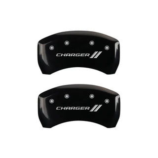 MGP Dual Piston Caliper Covers Stripes Charger Logo Black (F&R): 11-23 Charger 3.6L & 5.7L HEMI