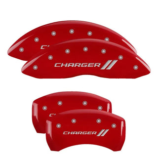 MGP Dual Piston Caliper Covers Charger Logo Red (F&R): 11-23 Charger 3.6L & 5.7L HEMI