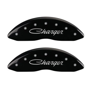MGP Dual Piston Caliper Covers Black w/ Charger Cursive Logo (F&R): 11-23 Charger 3.6L & 5.7L HEMI