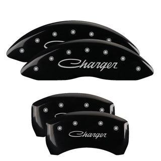 MGP Dual Piston Caliper Covers Black w/ Charger Cursive Logo (F&R): 11-23 Charger 3.6L & 5.7L HEMI