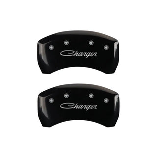 MGP Dual Piston Caliper Covers Black w/ Charger Cursive Logo (F&R): 11-23 Charger 3.6L & 5.7L HEMI