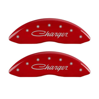 MGP Dual Piston Caliper Covers Charger Cursive Red (F&R): 2011-23 Charger 3.6L & 5.7L HEMI