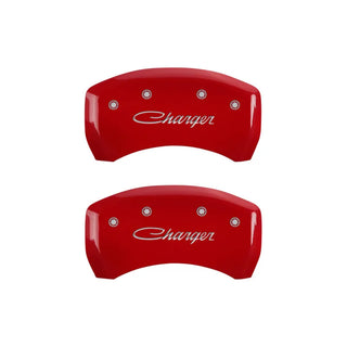 MGP Dual Piston Caliper Covers Charger Cursive Red (F&R): 2011-23 Charger 3.6L & 5.7L HEMI