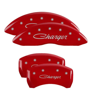 MGP Dual Piston Caliper Covers Charger Cursive Red (F&R): 2011-23 Charger 3.6L & 5.7L HEMI