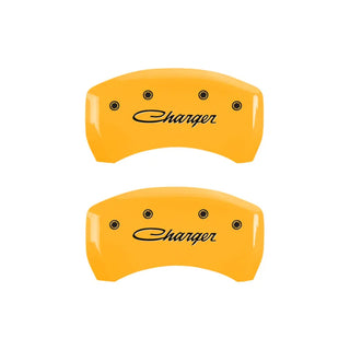 MGP Dual Piston Caliper Covers Charger Cursive Yellow (F&R): 2011-23 Charger 3.6L & 5.7L HEMI