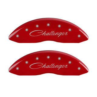 MGP Single Piston Caliper Covers Challenger Cursive Red (F&R): Challenger 2011-2023 3.6L & 5.7L HEMI