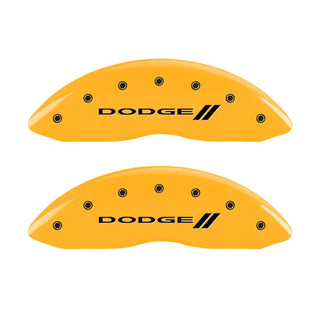 MGP Single Piston Caliper Covers Yellow w/ Dodge Logo & Stripes (F&R): 11-23 Challenger, Charger 3.6L & 5.7L HEMI