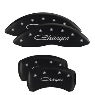 MGP Caliper Covers (FRONT AND REAR): Dodge Challenger / Charger (11-23) w/ Black Finish, Silver Characters, MGP Logo