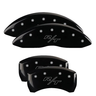 MGP Single Piston Caliper Covers Black RT Vintage Logo (F&R): 11-23 Challenger/Charger R/T 5.7L HEMI