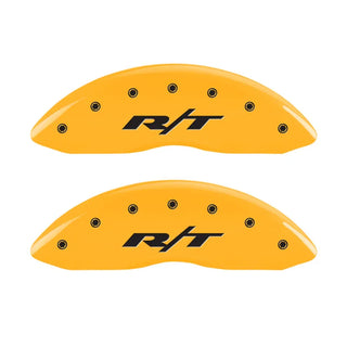 MGP Single Piston Caliper Covers Yellow RT1 Truck Logo (F&R): 11-23 Challenger/Charger R/T 5.7L HEMI