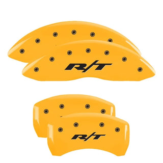 MGP Single Piston Caliper Covers Yellow RT1 Truck Logo (F&R): 11-23 Challenger/Charger R/T 5.7L HEMI