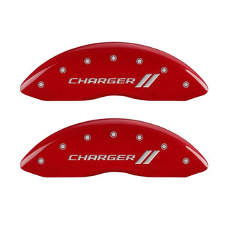 MGP Single Piston Caliper Covers Charger Logo Red (F&R): 11-23 Charger 3.6L/5.7L HEMI