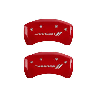 MGP Single Piston Caliper Covers Charger Logo Red (F&R): 11-23 Charger 3.6L/5.7L HEMI
