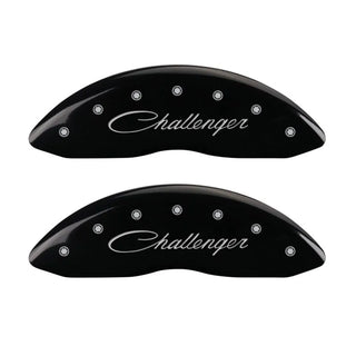 MGP Dual Piston Caliper Covers Cursive Logo Black (F&R): Challenger 11-23 3.6L & 5.7L HEMI