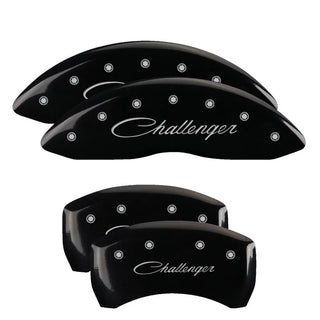 MGP Dual Piston Caliper Covers Cursive Logo Black (F&R): Challenger 11-23 3.6L & 5.7L HEMI