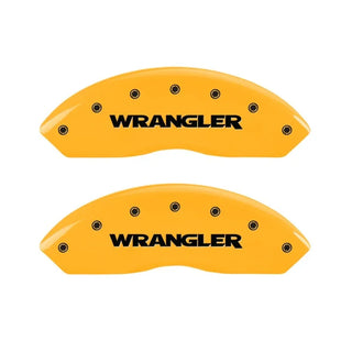 MGP Caliper Covers (FRONT): Jeep Wrangler (1997-2006) w/ Yellow Finish, Black Characters, WRANGLER Logo