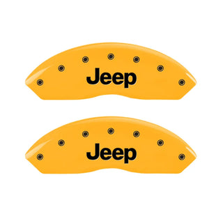 MGP Caliper Covers (FRONT AND REAR): Jeep Wrangler (03-06) w/ Yellow Finish, Black Characters, JEEP Logo