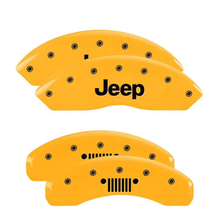MGP Caliper Covers (FRONT AND REAR): Jeep Wrangler (2003-2006) w/ Yellow Finish, Black Characters, JEEP Logo