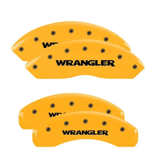 MGP Caliper Covers (FRONT AND REAR): Jeep Wrangler (2003-06) w/ Yellow Finish, Black Characters, WRANGLER Logo