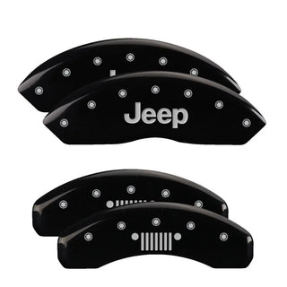 MGP Caliper Covers (FRONT AND REAR): Jeep Wrangler (18-24) w/ Black Finish, Silver Characters, JEEP Logo