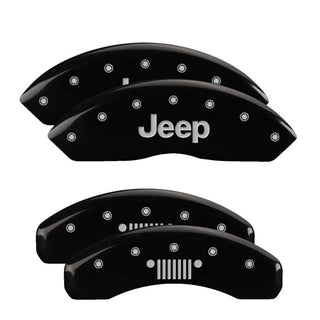 MGP Caliper Covers (FRONT AND REAR): Jeep Wrangler (18-24) w/ Black Finish, Silver Characters, JEEP Logo