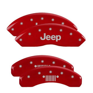 MGP Caliper Covers (FRONT AND REAR): Jeep Wrangler (2018-24) w/ Red Finish, Silver Characters, JEEP Logo