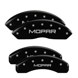 MGP Caliper Covers (FRONT AND REAR): Jeep Wrangler (2018-24) w/ Black Finish, Silver Characters, MOPAR Logo