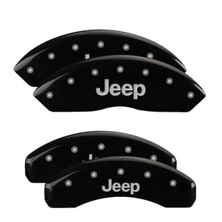 MGP Caliper Covers (FRONT AND REAR): Jeep Wrangler (2018-24) w/ Black Finish, Silver Characters, JEEP Logo