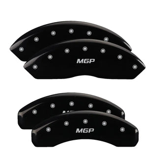 MGP Caliper Covers (FRONT AND REAR): Jeep Wrangler (18-24) w/ Black Finish, Silver Characters, MGP Logo