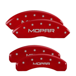 MGP Caliper Covers (FRONT AND REAR): Jeep Wrangler (18-24) w/ Red Finish, Silver Characters, MOPAR Logo