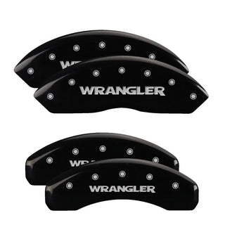 MGP Caliper Covers (FRONT AND REAR): Jeep Wrangler (2018 - 2024) w/ Black Finish, Silver Characters, WRANGLER Logo