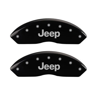 MGP Caliper Covers (FRONT): Jeep Wrangler (1997-2006) w/ Black Finish, Silver Characters, JEEP Logo