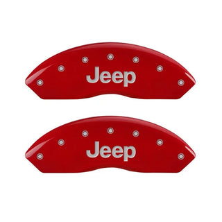 MGP Caliper Covers (FRONT): Jeep Wrangler (1997-2006) w/ Red Finish, Silver Characters, JEEP Logo