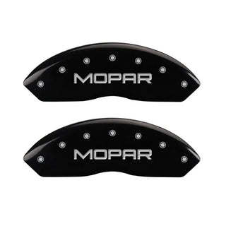 MGP Caliper Covers (FRONT): Jeep Wrangler (1997-2006) w/ Black Finish, Silver Characters, MOPAR Logo