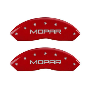 MGP Caliper Covers (FRONT): Jeep Wrangler (1997-2006) w/ Red Finish, Silver Characters, MOPAR Logo