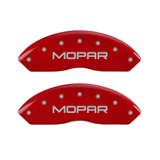 MGP Caliper Covers (FRONT): Jeep Wrangler (1997-2006) w/ Red Finish, Silver Characters, MOPAR Logo