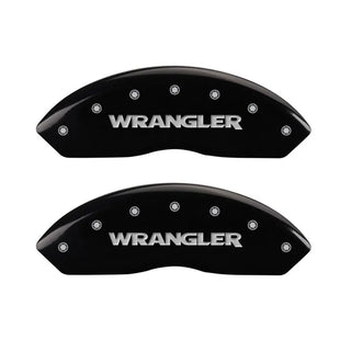 MGP Caliper Covers (FRONT): Jeep Wrangler (97-06) w/ Black Finish, Silver Characters, JEEP Logo