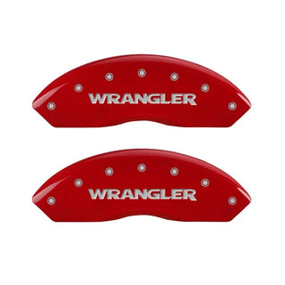 MGP Caliper Covers (FRONT): Jeep Wrangler (97-06) w/ Red Finish, Silver Characters, WRANGLER Logo