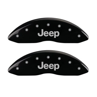 MGP Caliper Covers (FRONT AND REAR): Jeep Grand Cherokee (1999-2002) w/ Black Finish, Silver Characters, JEEP Logo