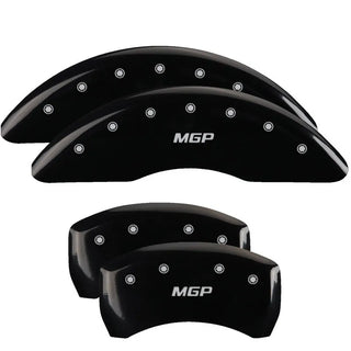 MGP Caliper Covers (FRONT AND REAR): Jeep Grand Cherokee (1999-2002) w/ Black Finish, Silver Characters, JEEP Logo