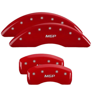 MGP Caliper Covers (FRONT AND REAR): Jeep Wrangler (2003-2006) w/ Red Finish, Silver Characters, JEEP Logo