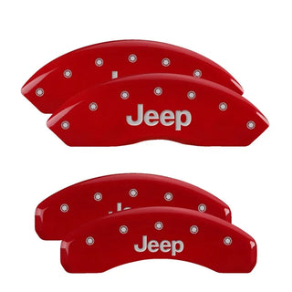 MGP Caliper Covers (FRONT AND REAR): Jeep Wrangler (2003-2006) w/ Red Finish, Silver Characters, JEEP Logo