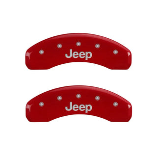 MGP Caliper Covers (FRONT AND REAR): Jeep Wrangler (2003-2006) w/ Red Finish, Silver Characters, JEEP Logo